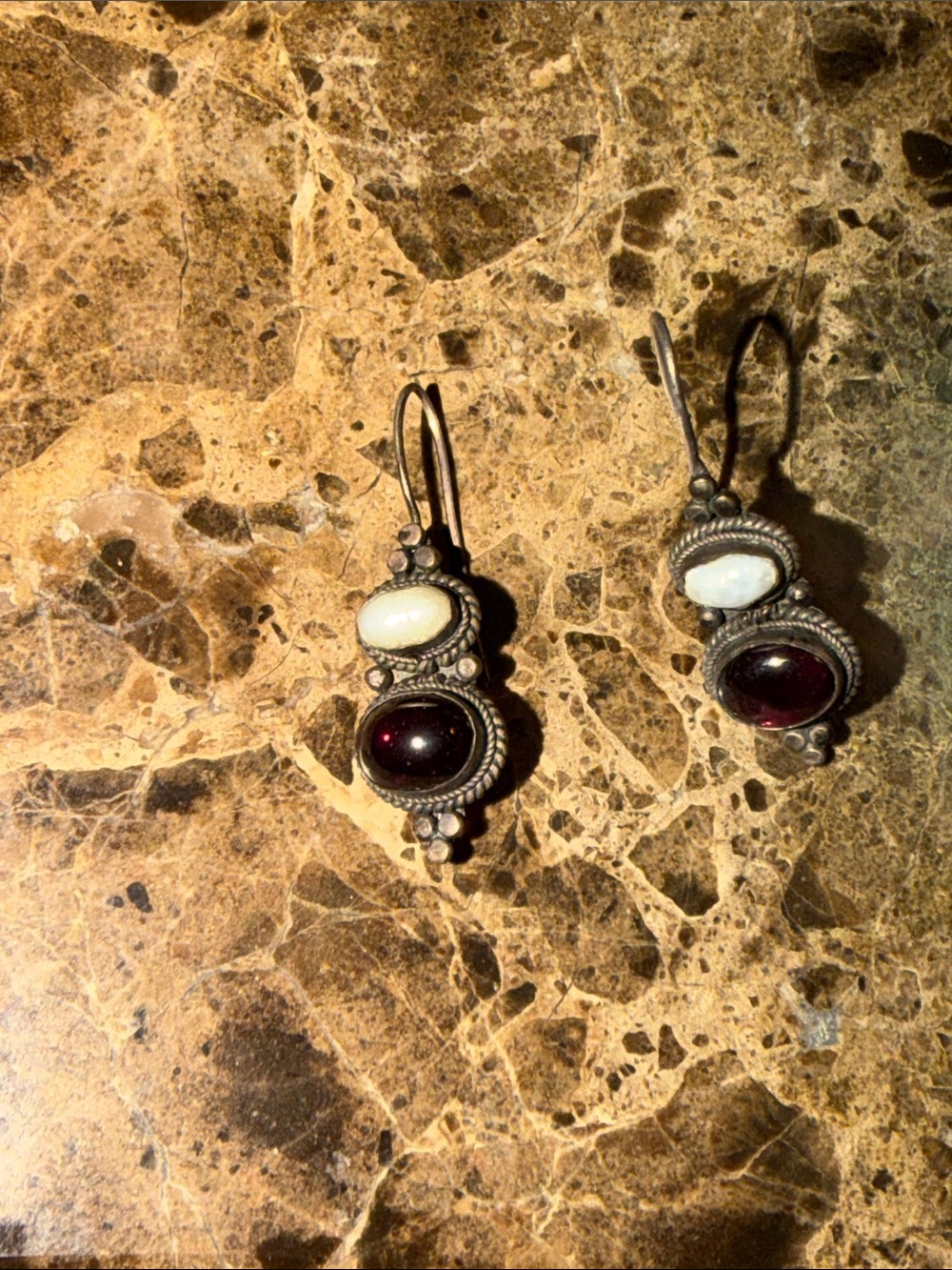 Sterling Silver Garnet and White pearl pierced vintage Earrings